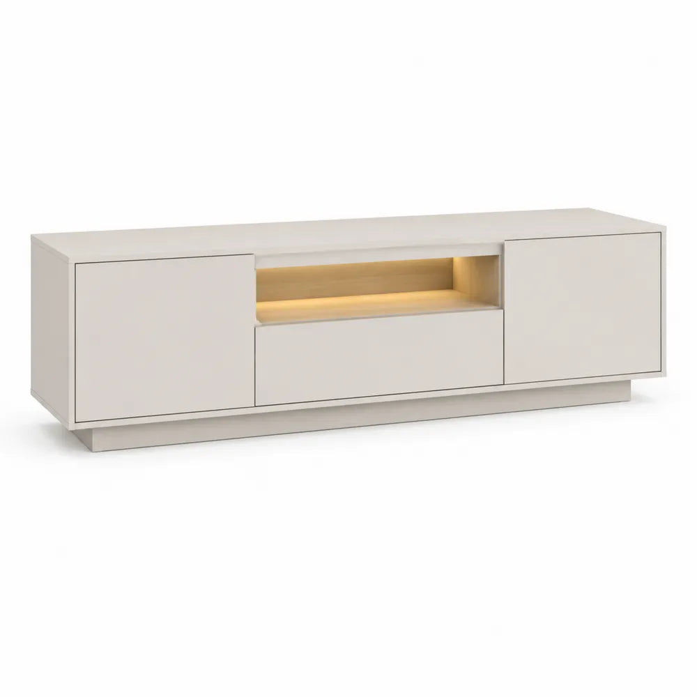 Meuble TV bas MDF blanc cassé 2 portes 1 tiroir niche ouverte LED bois clair 180 cm x 40 cm x 45 cm
