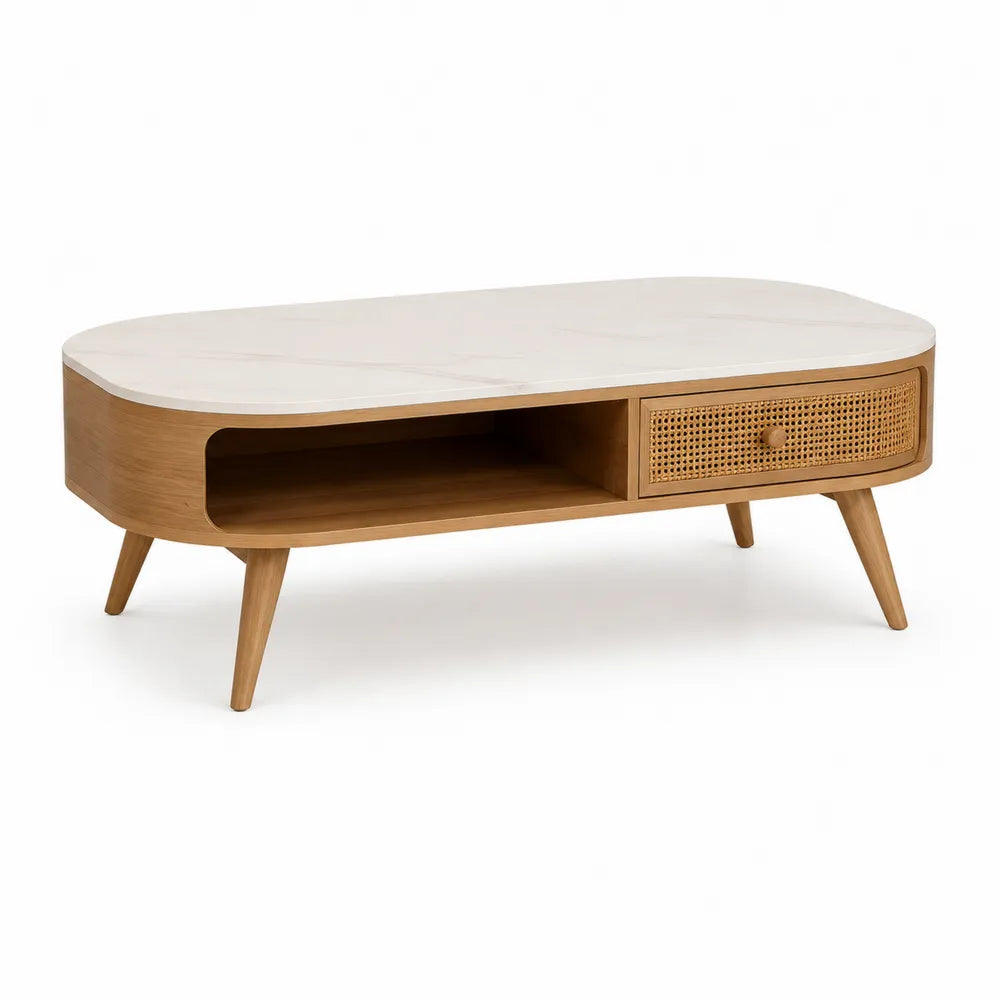 Table basse ovale MDF mélaminé effet marbre blanc avec tiroir rotin et niche de rangement chêne clair 110 cm x 55 cm x 42 cm