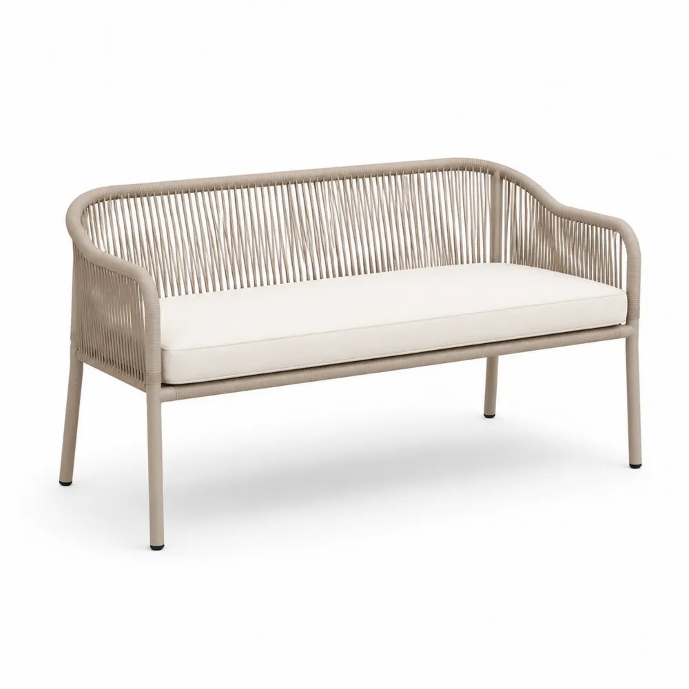 Banc de jardin 2 places en aluminium corde tressée PE coussin beige structure rectangulaire beige 130 cm 65 cm 80 cm
