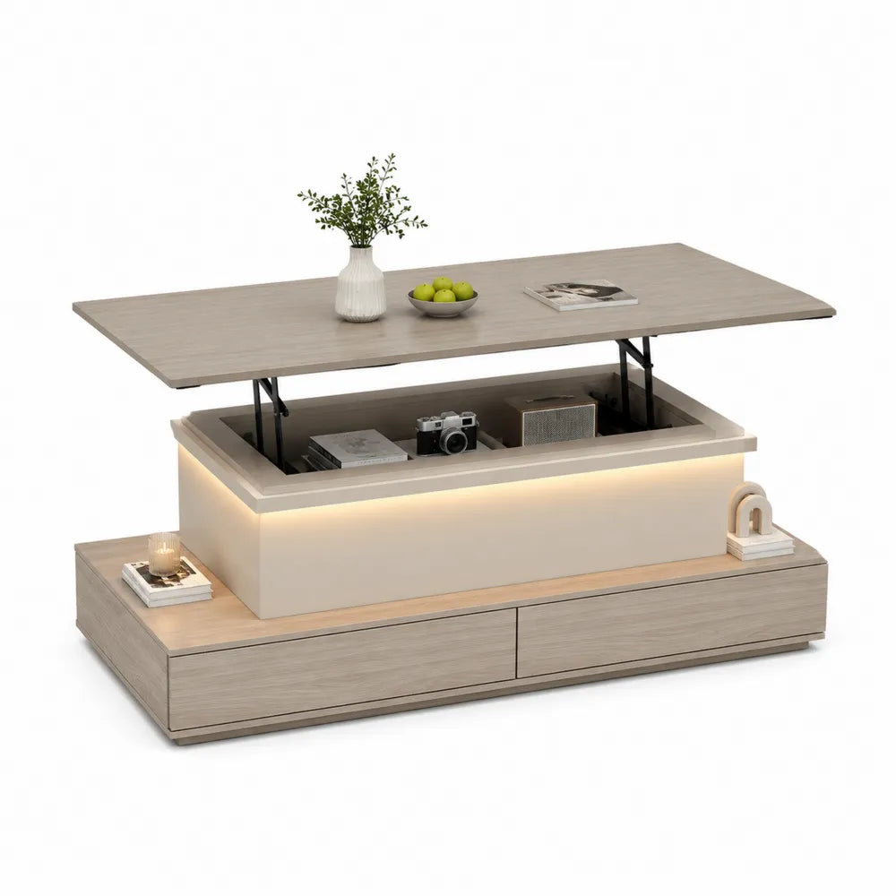Table basse relevable MDF mélaminé effet bois gris 110 cm 60 cm 45 cm plateau lift top rangement tiroirs éclairage LED structure métal
