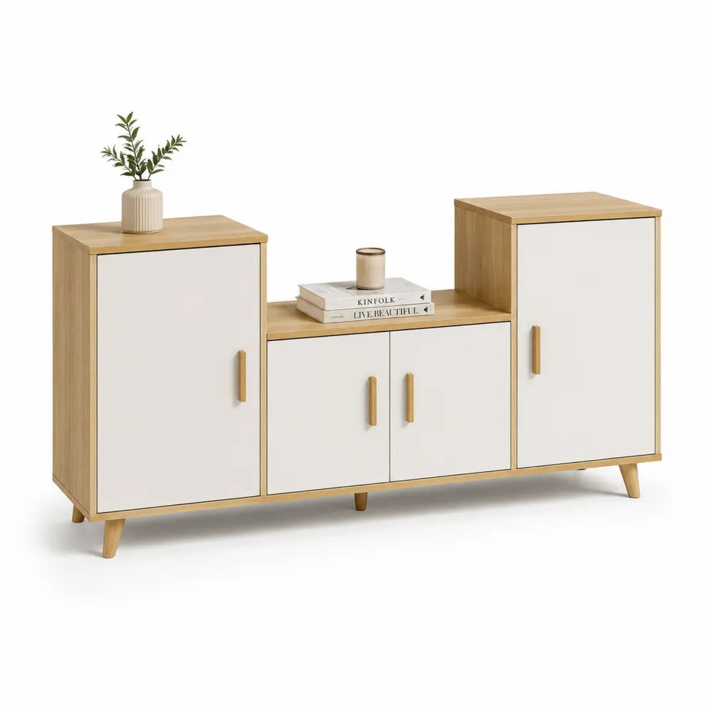 Meuble TV bas MDF mélaminé bois clair et blanc 3 modules portes niches ouvertes pieds bois 180 cm x 40 cm x 85 cm