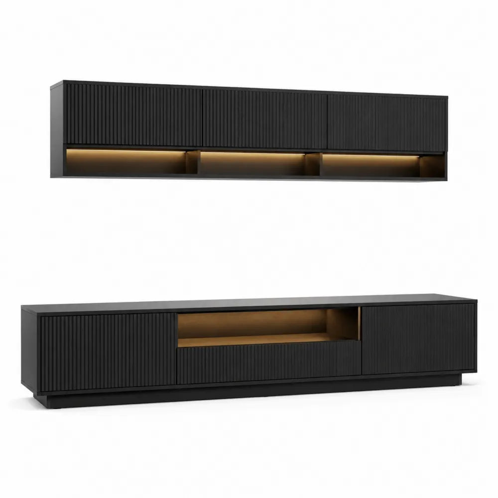 Meuble TV mural avec meuble bas et étagère murale MDF mélaminé noir 200 cm 40 cm 45 cm et 200 cm 25 cm 30 cm façades rainurées niches ouvertes éclairage LED
