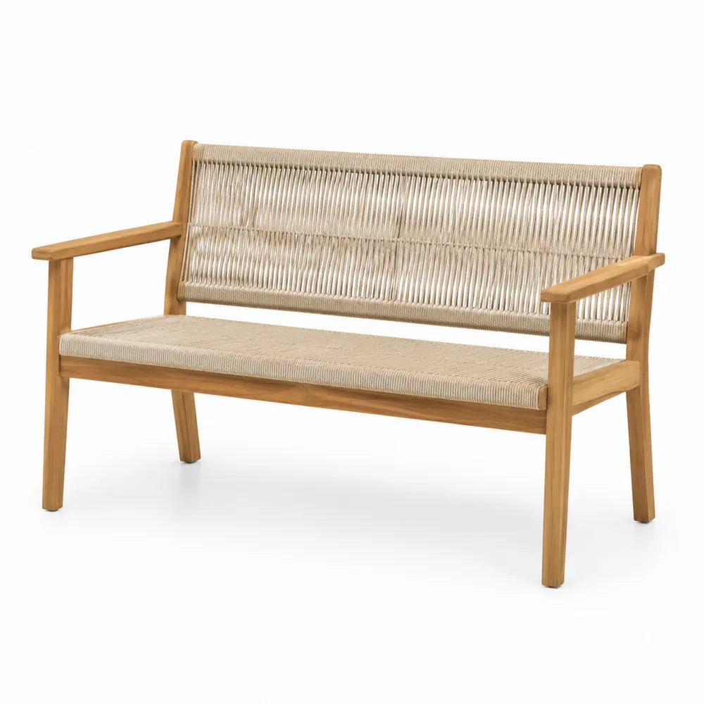 Banc de jardin 2 places en bois d'acacia corde tressée beige 125 cm 55 cm 80 cm accoudoirs bois forme rectangulaire
