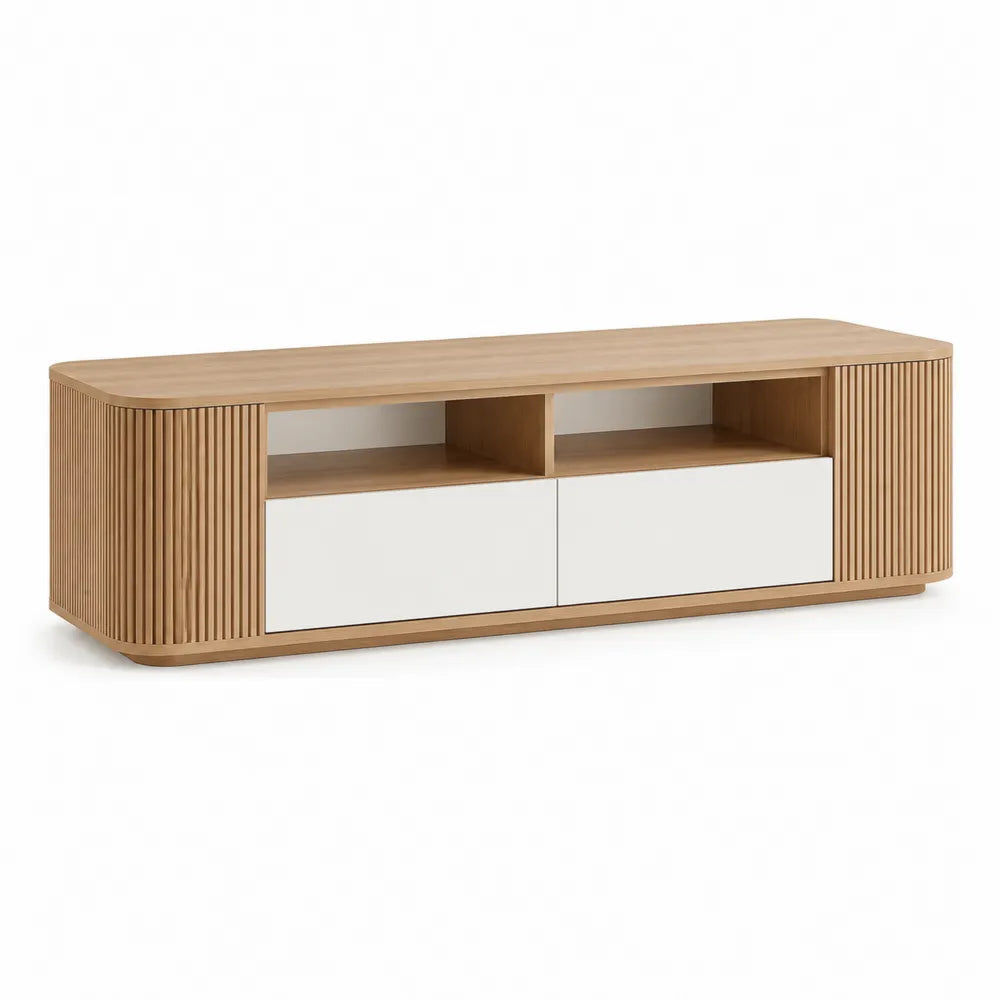 Meuble TV bas en MDF avec placage chêne naturel et façades blanc mat 2 tiroirs niches ouvertes côtés lattes bois 180 cm x 40 cm x 50 cm