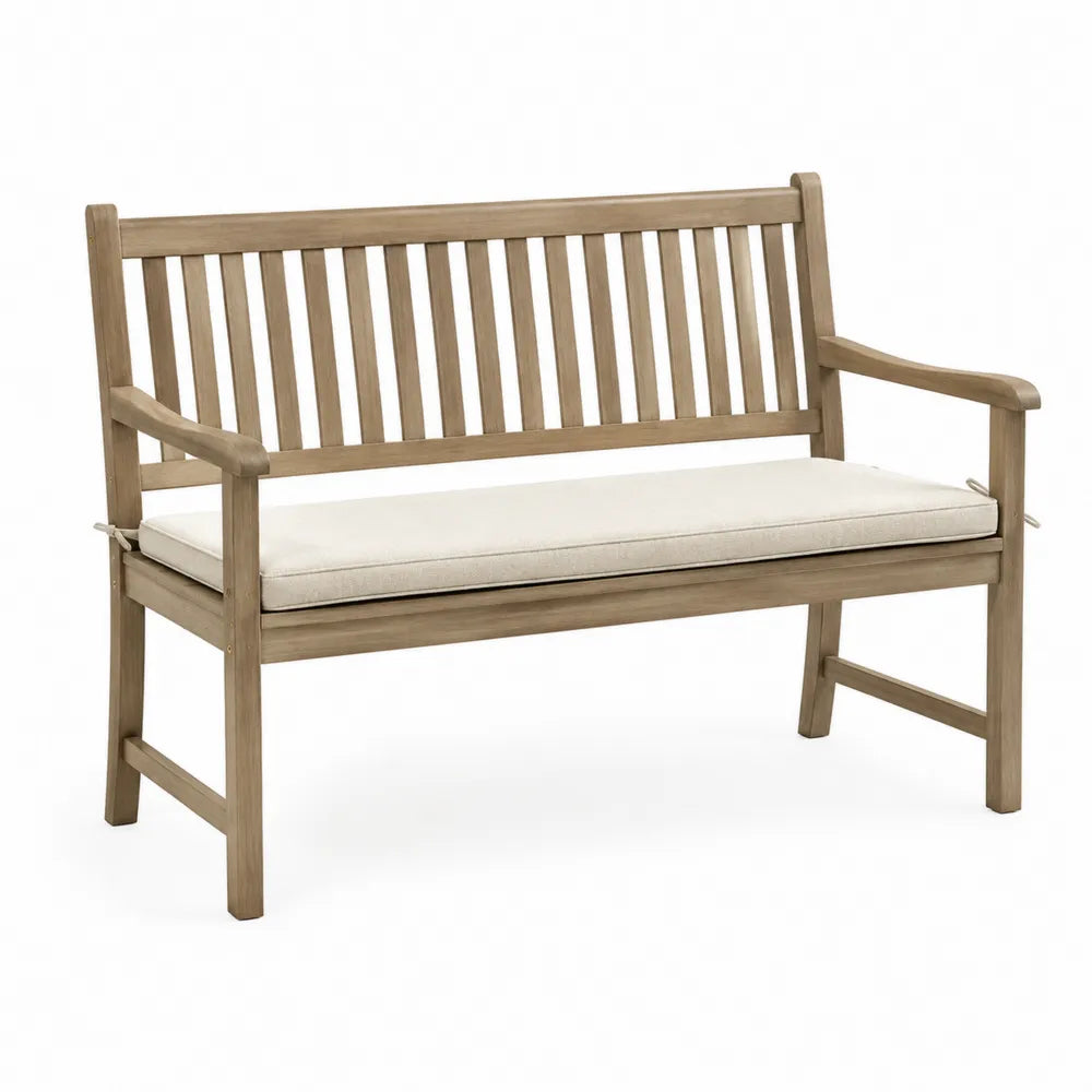 Banc de jardin 2 places bois d acacia massif dossier à lattes accoudoirs coussin polyester beige 120 cm 60 cm 85 cm