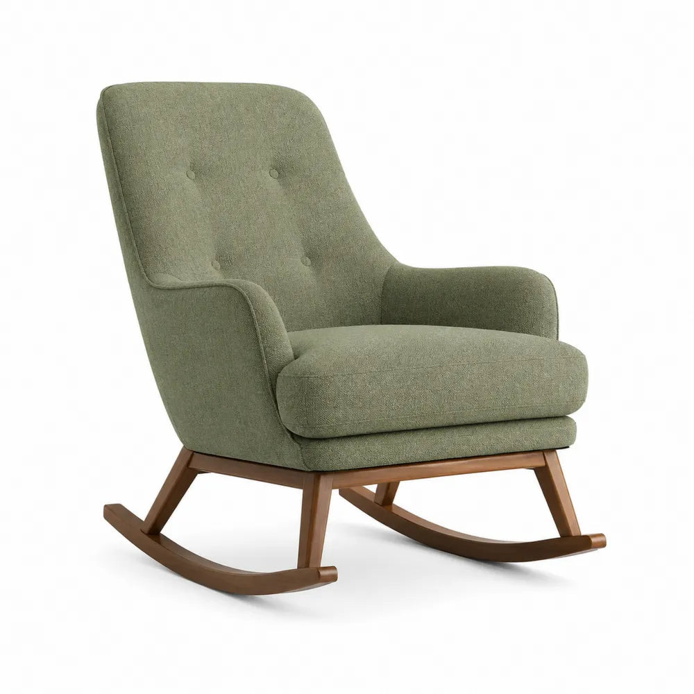 Fauteuil à bascule dossier haut tissu polyester vert kaki structure contreplaqué bois de hêtre patins courbés 100 cm x 75 cm x 85 cm