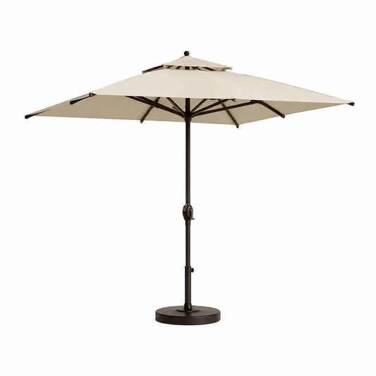 Parasol droit de jardin 300 cm toile polyester beige mât aluminium base ronde acier inclinaison manuelle