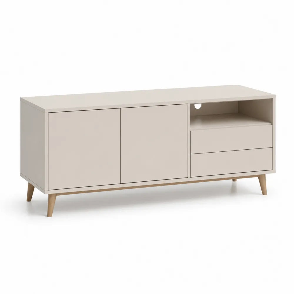Meuble TV MDF mélaminé beige 180 cm 40 cm 50 cm portes battantes tiroirs niches ouvertes pieds bois massif