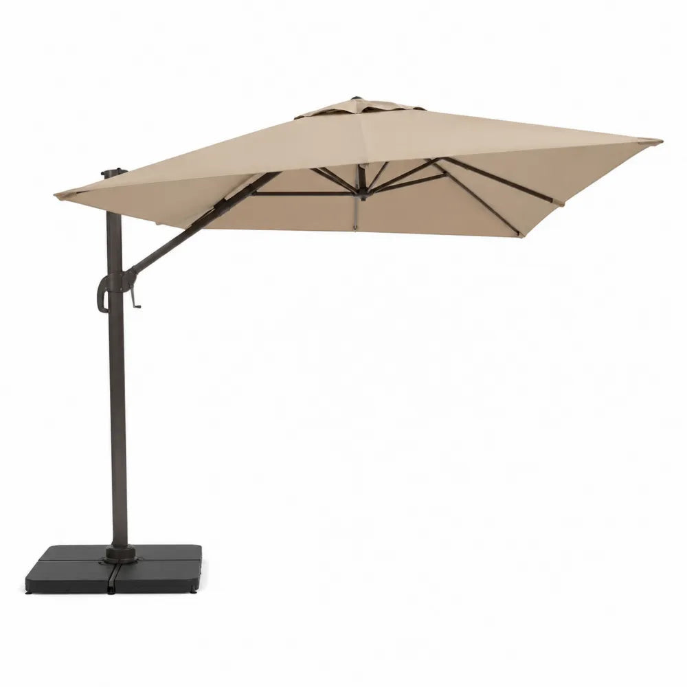 Parasol déporté rectangulaire 300 cm toile polyester beige mât aluminium thermolaqué base croix acier