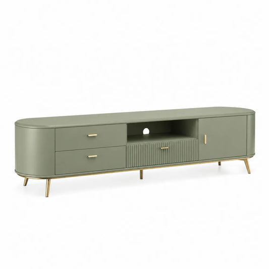 Meuble TV bas 200 cm x 40 cm x 52 cm panneaux bois vert sauge pieds métal doré structure arrondie avec rangements