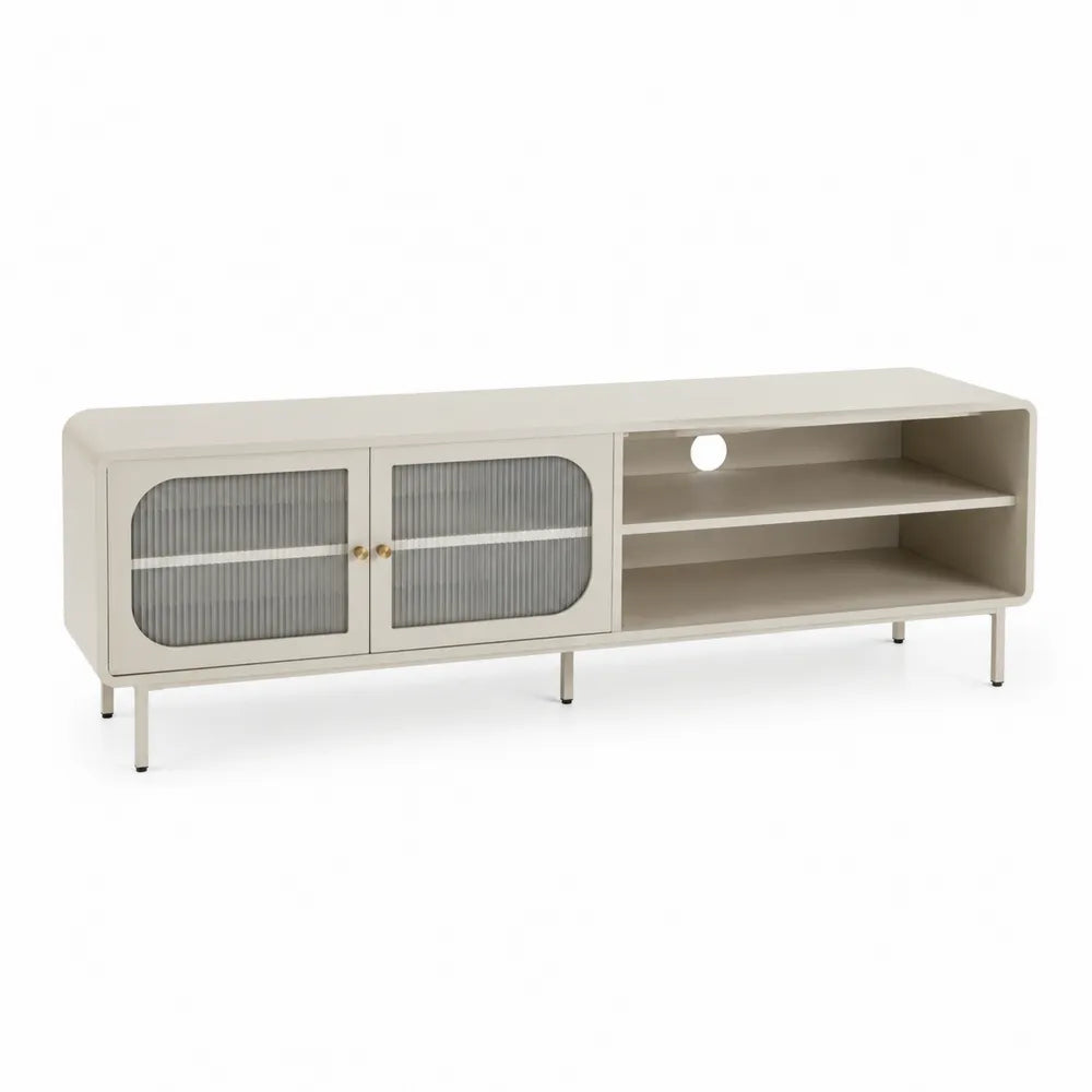 Meuble TV bas MDF beige portes en verre trempé strié niches ouvertes pieds métal doré 170 cm x 40 cm x 55 cm
