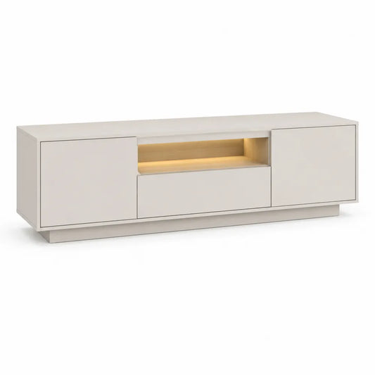 Meuble TV bas MDF blanc cassé 2 portes 1 tiroir niche ouverte LED bois clair 180 cm x 40 cm x 45 cm