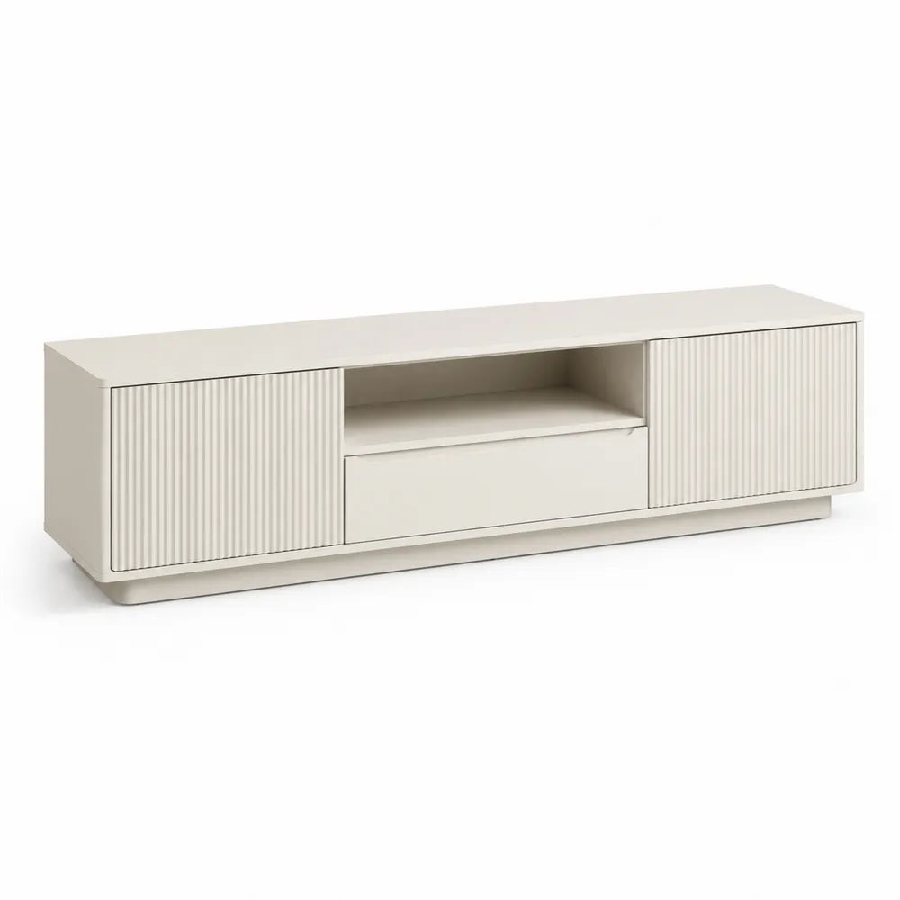 Meuble TV MDF mélaminé blanc cassé 180 cm 40 cm 45 cm 2 portes rainurées niche ouverte tiroir central avec socle