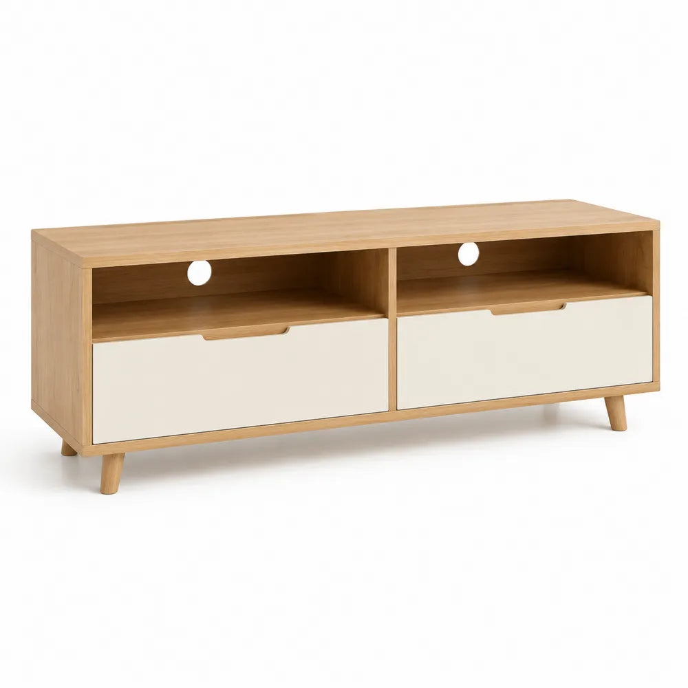 Meuble TV MDF mélaminé effet chêne clair blanc 160 cm 40 cm 50 cm deux tiroirs niches ouvertes passe-câbles pieds bois massif hêtre