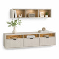 Ensemble meuble TV bas et étagère murale MDF mélaminé beige façades rainurées niches ouvertes LED 200 cm x 40 cm x 50 cm et 120 cm x 25 cm x 25 cm