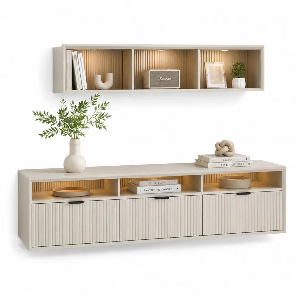 Ensemble meuble TV bas et étagère murale MDF mélaminé beige façades rainurées niches ouvertes LED 200 cm x 40 cm x 50 cm et 120 cm x 25 cm x 25 cm