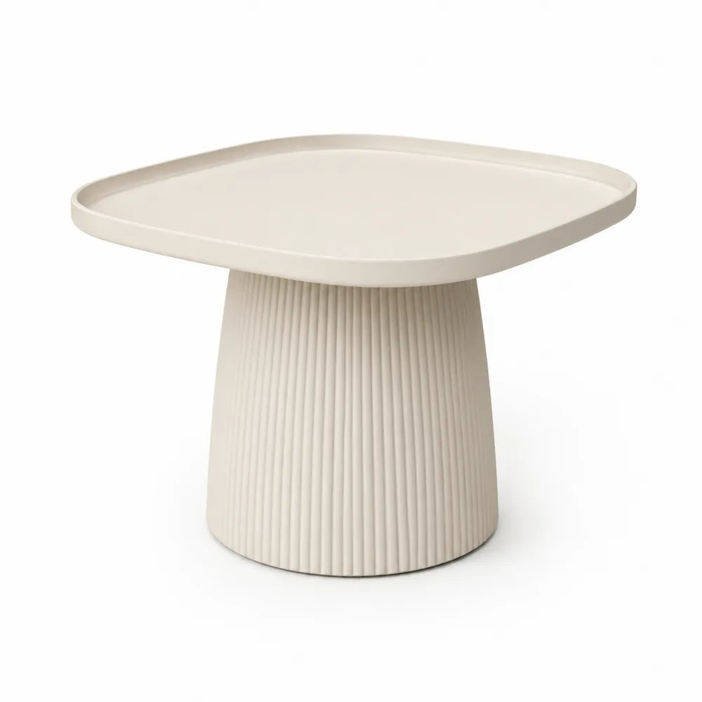 Table basse 80 cm x 80 cm x 40 cm MDF beige plateau arrondi base cylindrique striée design sculptural