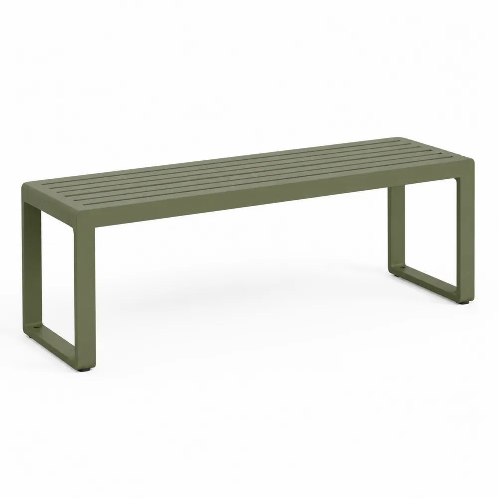 Banc de jardin rectangulaire en aluminium vert olive assise à lames 150 cm 40 cm 45 cm
