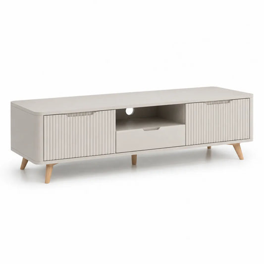 Meuble TV MDF mélaminé blanc cassé 180 cm 40 cm 50 cm deux portes rainurées niche ouverte tiroir central pieds bois massif hévéa