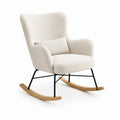 Fauteuil à bascule 75 cm x 95 cm x 100 cm revêtement polyester bouclé écru structure acier noir patins bois naturel coussin lombaire