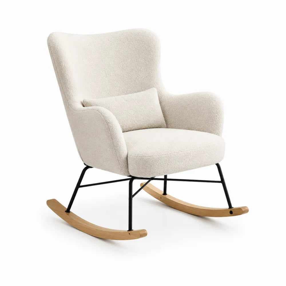 Fauteuil à bascule 75 cm x 95 cm x 100 cm revêtement polyester bouclé écru structure acier noir patins bois naturel coussin lombaire