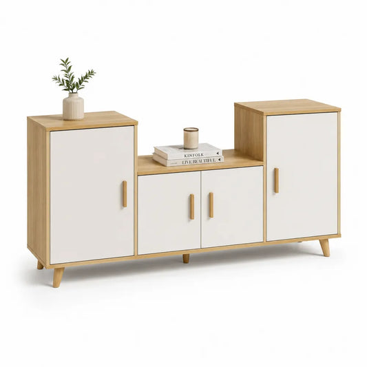 Meuble TV bas MDF mélaminé bois clair et blanc 3 modules portes niches ouvertes pieds bois 180 cm x 40 cm x 85 cm