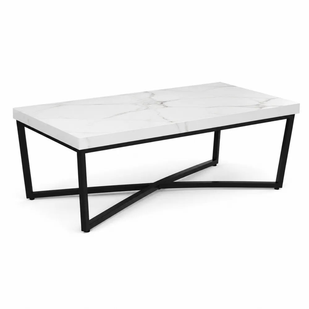 Table basse rectangulaire 110 cm x 60 cm x 45 cm plateau effet marbre blanc structure acier noir base croisée design moderne