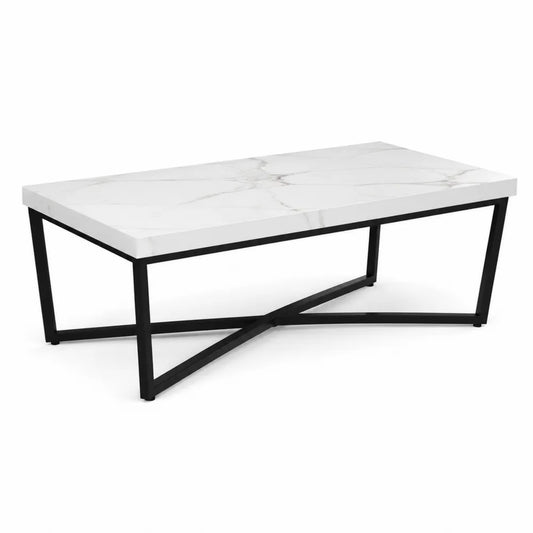 Table basse rectangulaire 110 cm x 60 cm x 45 cm plateau effet marbre blanc structure acier noir base croisée design moderne