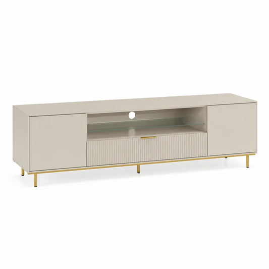 Meuble TV bas MDF mélaminé beige 2 portes 1 tiroir niche ouverte étagère en verre pieds métal doré 180 cm x 40 cm x 50 cm