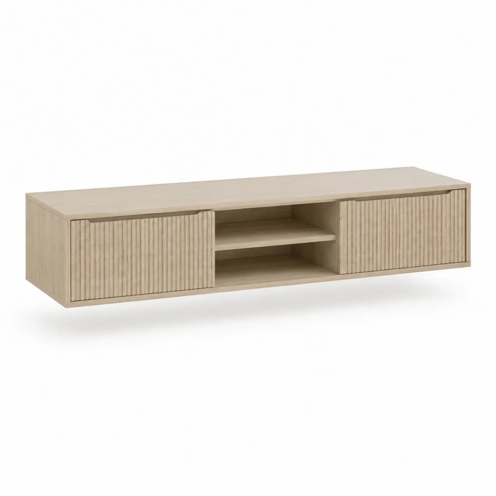 Meuble TV bas MDF mélaminé chêne clair 2 portes rainurées niches ouvertes 200 cm x 40 cm x 45 cm