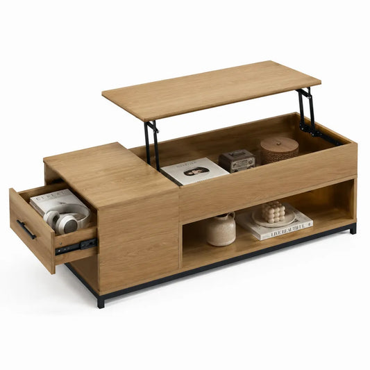 Table basse relevable MDF mélaminé effet chêne clair 110 cm 50 cm 45 cm tiroir rangement structure métal noir plateau relevable