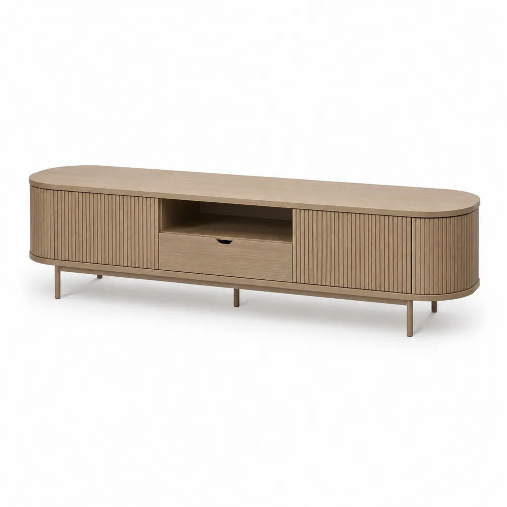 Meuble TV bas 180 cm x 40 cm x 50 cm bois naturel portes rainurées tiroir central niche ouverte structure arrondie