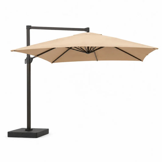 Parasol déporté de jardin carré 300 cm x 300 cm toile polyester beige mât aluminium thermolaqué base croix acier