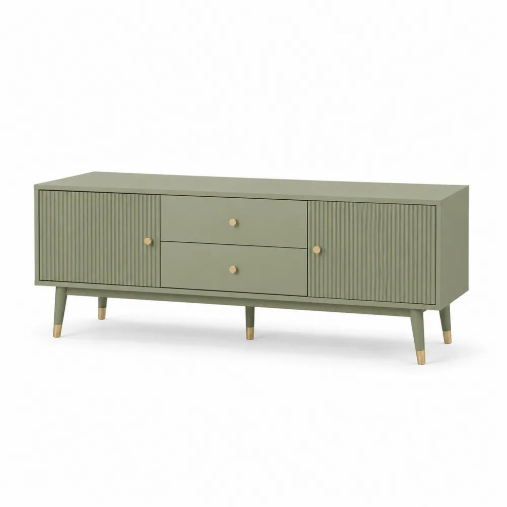 Meuble TV MDF mélaminé vert sauge 180 cm 40 cm 50 cm 2 portes 2 tiroirs façades rainurées pieds bois massif finition dorée