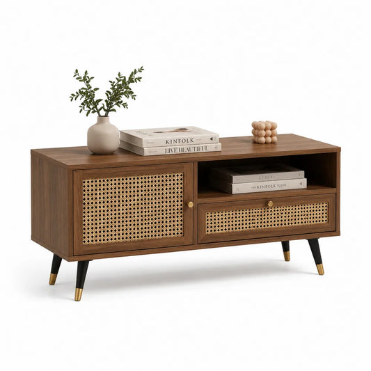 Meuble TV MDF mélaminé noyer 120 cm 40 cm 55 cm 1 porte cannage 1 tiroir niche ouverte pieds métal noir doré