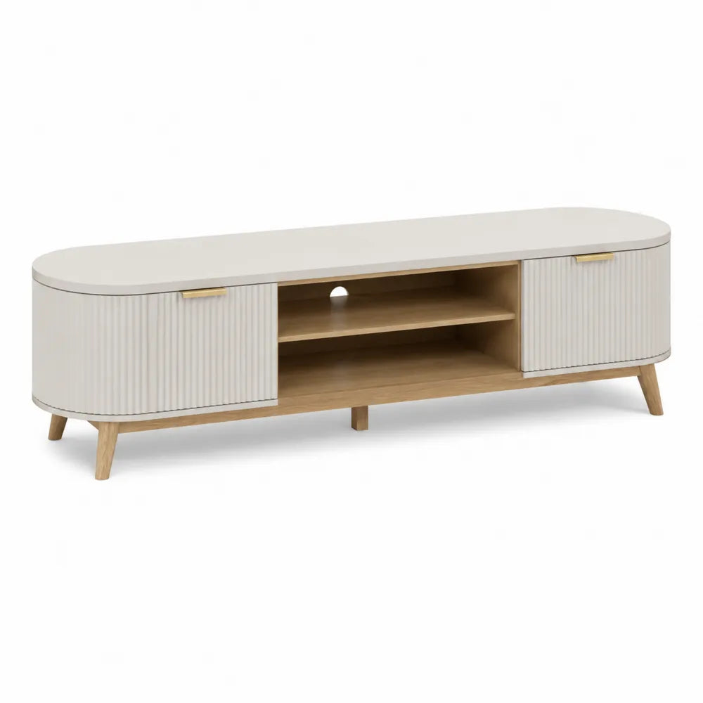 Meuble TV bas MDF mélaminé chêne clair et beige 2 portes rainurées niches ouvertes 180 cm x 40 cm x 50 cm