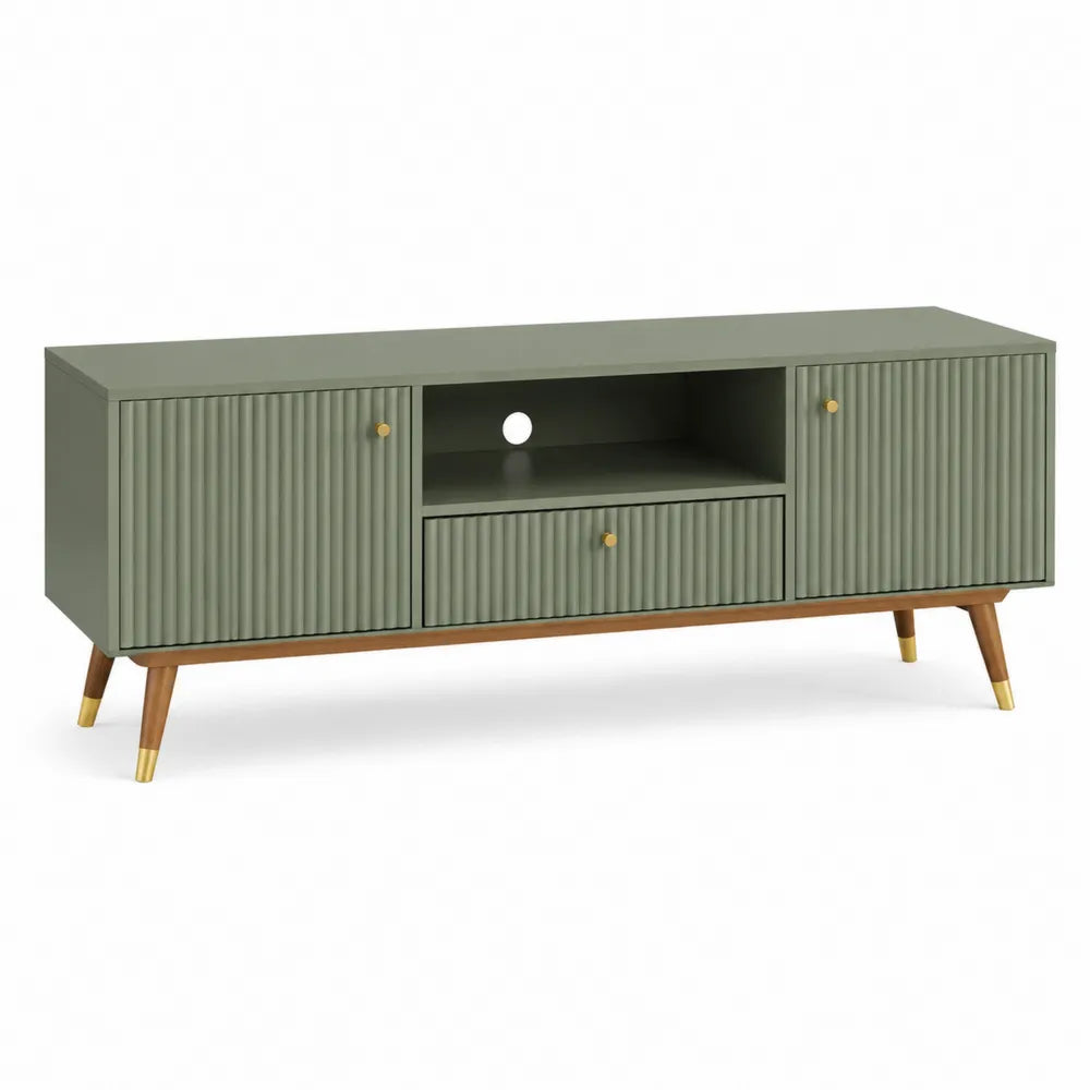 Meuble TV MDF mélaminé vert 180 cm 40 cm 50 cm 2 portes rainurées niche ouverte tiroir central pieds bois massif finition dorée