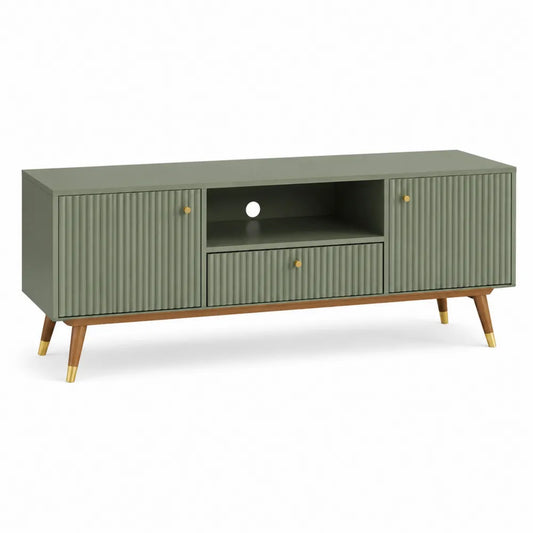 Meuble TV MDF mélaminé vert 180 cm 40 cm 50 cm 2 portes rainurées niche ouverte tiroir central pieds bois massif finition dorée