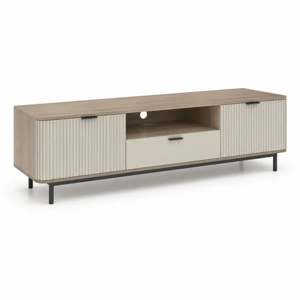 Meuble TV 180 cm x 40 cm x 50 cm MDF beige bois naturel portes rainurées niche tiroir pieds métal noir