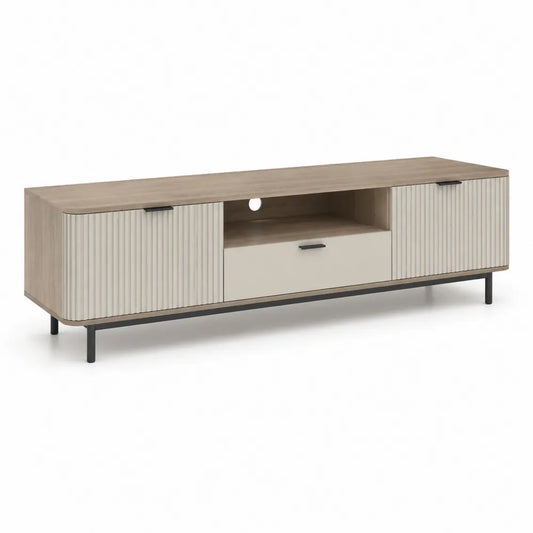 Meuble TV 180 cm x 40 cm x 50 cm MDF beige bois naturel portes rainurées niche tiroir pieds métal noir