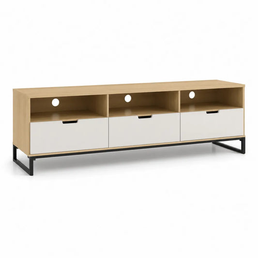 Meuble TV bas MDF mélaminé bois clair et blanc 3 tiroirs niches ouvertes structure métal noir 180 cm x 40 cm x 50 cm